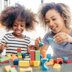 A person and a child playing with blocks