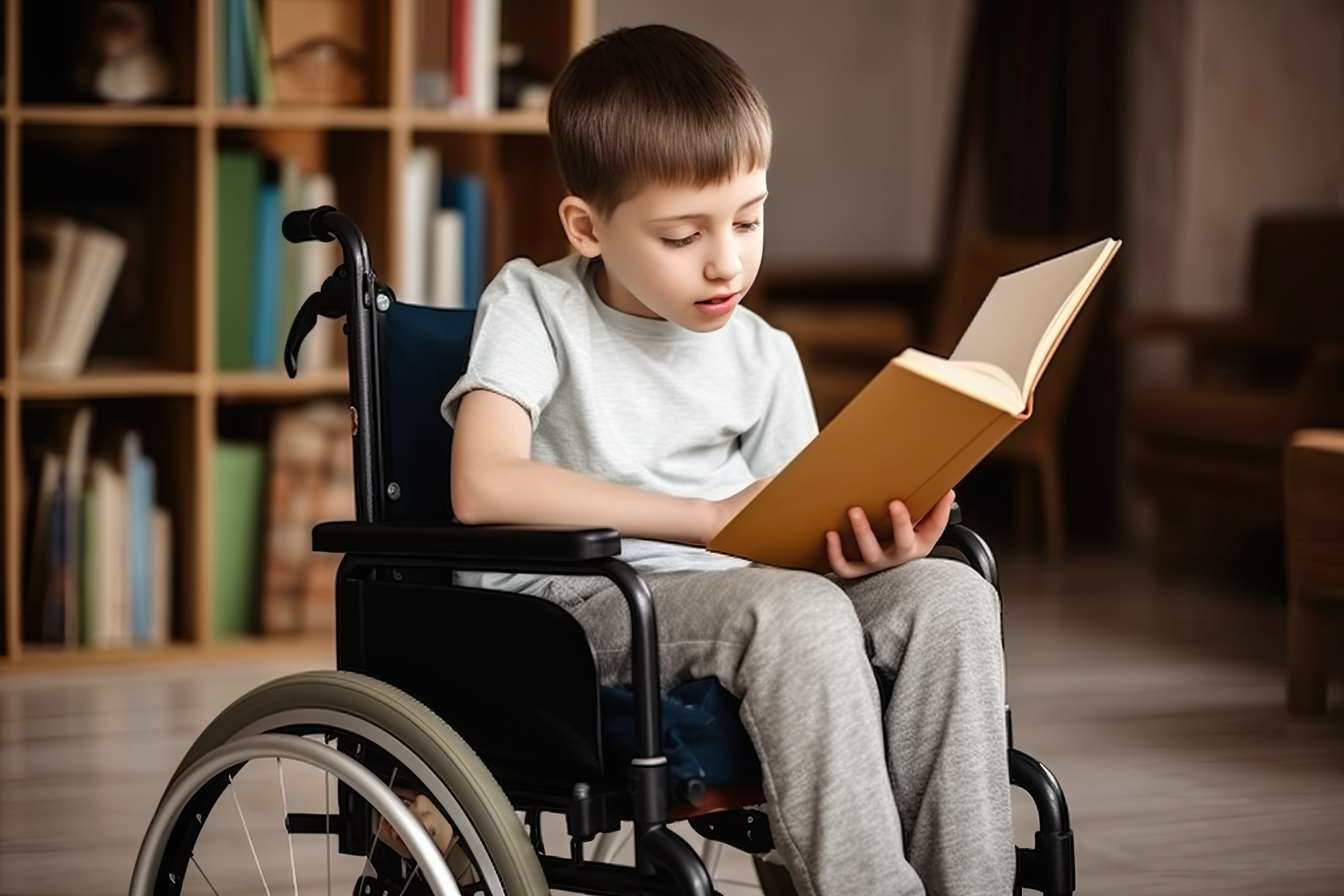 Young person in wheelchair reading a book in the library. 
